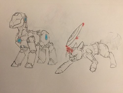 Size: 1280x960 | Tagged: safe, artist:greyscaleart, earth pony, pony, unicorn, captain america, duo, iron man, partial color, ponified, solo, traditional art