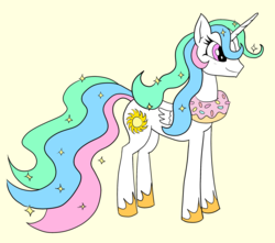 Size: 2375x2102 | Tagged: safe, artist:inivonwini, princess celestia, pony, g4, donut, female, food, high res, simple background, solo, yellow background