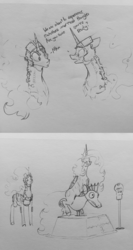 Size: 2448x4606 | Tagged: safe, artist:greyscaleart, princess celestia, princess luna, seahorse, g4, comic, constellation freckles, dialogue, dream walker luna, duo, freckles, grayscale, high res, kiddie ride, monochrome, pacific rim, pencil drawing, reference, royal sisters, simple background, sleepy time, spongebob squarepants, traditional art