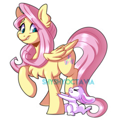 Size: 2985x3000 | Tagged: safe, artist:shyshyoctavia, angel bunny, fluttershy, pony, g4, chest fluff, duo, ear fluff, female, high res, simple background, transparent background, watermark