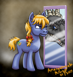 Size: 2142x2248 | Tagged: safe, artist:amalgamzaku, oc, oc only, oc:flint hearth, dragon, earth pony, pony, fanfic:the dragon king's rebirth, bow, colt, duality, fanfic, fanfic art, fanfic cover, hair bow, high res, male, mirror, reflection, solo