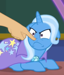 Size: 667x782 | Tagged: safe, edit, edited screencap, screencap, trixie, pony, a matter of principals, g4, boop, boop edit, cropped, cute, diatrixes, disembodied hand, finger, floppy ears, hand, madorable, non-consensual booping, trixie is not amused, unamused