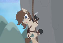 Size: 1300x900 | Tagged: safe, artist:terton, oc, oc only, oc:lithos climber, earth pony, pony, atg 2018, climbing harness, female, looking down, mare, mountain, mountain climbing, newbie artist training grounds, pickaxe, rope, solo