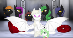 Size: 2904x1500 | Tagged: safe, artist:silviawing, oc, oc only, oc:albi light wing, oc:edward, oc:kika, oc:norbert, oc:oswald, oc:steven, oc:tobias, bat pony, changeling, albino, albino changeling, amber eyes, black and blue, black and green, blue hair, collar, couch, female, green changeling, green hair, group, horn, leash, male, mare, nightpony, orange hair, pillow, piper perri surrounded, purple eyes, purple hair, red hair, stallion, white hair