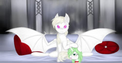 Size: 2904x1500 | Tagged: safe, artist:silviawing, artist:silviawing albino, oc, oc only, oc:albi light wing, oc:kika, bat pony, changeling, albino, albino changeling, amber eyes, collar, couch, female, green changeling, green hair, horn, light skin, mare, nightpony, pillow, purple eyes, white hair