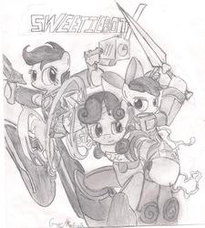 Size: 1600x1776 | Tagged: safe, artist:rayfriedh, apple bloom, scootaloo, sweetie belle, g4, crossover, cutie mark crusaders, mavrick hunters, mega man x, traditional art