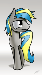 Size: 1080x1920 | Tagged: safe, artist:dori-to, oc, oc only, oc:fizzygreen, pony, aside glance, blue, commission, equine, gray, gray coat, male, simple background, smiling, smug, solo, stallion, walking, yellow