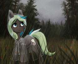 Size: 1926x1580 | Tagged: safe, artist:koviry, oc, oc only, oc:bright idea, earth pony, pony, clothes, female, forest, looking away, looking up, mare, outdoors, painting, rain, raincoat, see-through, solo