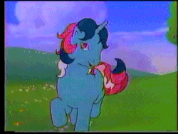Size: 360x270 | Tagged: safe, screencap, fizzy, pony, twinkle eyed pony, g1, animated, female, gif, hair flip, looking at you, low frequency flashing, prancing, solo, sparkles, swishy tail, tail swish, traditional animation, trotting
