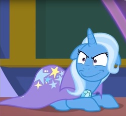 Size: 950x877 | Tagged: safe, edit, edited screencap, screencap, trixie, pony, a matter of principals, g4, amused, cape, clothes, cropped, cute, female, floppy ears, inverted mouth, nightmare fuel, solo, this will end in death, this will end in tears and/or death, trixie is amused, trixie's cape