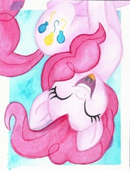 Size: 670x882 | Tagged: safe, artist:astevenamedwolf, pinkie pie, earth pony, pony, g4, eyes closed, female, in which pinkie pie forgets how to gravity, mare, movie accurate, open mouth, pinkie being pinkie, pinkie physics, smiling, solo, upside down