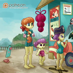 Size: 2000x2000 | Tagged: safe, artist:smudge proof, lily pad (g4), megan williams, water lily (g4), equestria girls, g4, my little pony equestria girls: better together, ass, barefoot, beach, braid, butt, clothes, feet, female, food, food truck, hat, high res, one-piece swimsuit, sisters, sushi, swimsuit, toddler, wetsuit