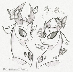 Size: 1437x1419 | Tagged: safe, artist:rossmaniteanzu, pharynx, thorax, butterfly, changedling, changeling, g4, changedling brothers, cute, descriptive noise, gray background, grayscale, heavy breathing, king thorax, male, monochrome, pharybetes, prince pharynx, scared, simple background, sketch, thorabetes, traditional art