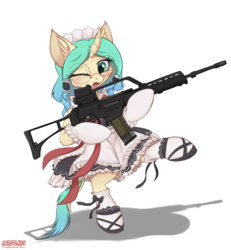 Size: 1520x1646 | Tagged: safe, artist:orang111, oc, oc only, oc:coconut daiquiri, classical unicorn, pony, unicorn, assault rifle, bipedal, clothes, cloven hooves, crossover, cute, dress, female, g36, girls' frontline, glasses, gun, heckler and koch, hoof hold, horn, leonine tail, maid, ocbetes, one eye closed, rifle, solo, weapon