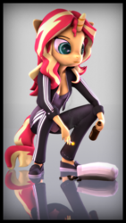 Size: 2160x3840 | Tagged: safe, artist:imafutureguitarhero, sunset shimmer, unicorn, anthro, plantigrade anthro, equestria girls, g4, 3d, adidas, alcohol, bag, beer, border, breasts, chromatic aberration, cigarette, cigarette smoke, cleavage, clothes, delicious flat chest, dress, female, film grain, floppy ears, freckles, gopnik, high res, horn, jacket, looking down, mare, multicolored hair, pants, peppered bacon, reflection, seeds, shoes, slav, smoke, solo, source filmmaker, squatting, sunflat shimmer, tail, tracksuit, vertical