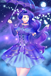 Size: 1280x1920 | Tagged: safe, artist:fluffydus, princess luna, butterfly, human, g4, female, humanized, meteor shower, moon, solo, stars, umbrella