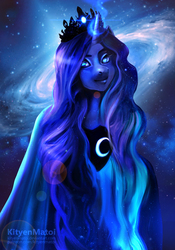 Size: 2189x3132 | Tagged: safe, artist:kityenmatoi, princess luna, alicorn, anthro, g4, female, galaxy, high res, horn, looking at you, solo, stars