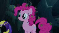 Size: 480x270 | Tagged: safe, screencap, pinkie pie, rarity, earth pony, pony, unicorn, g4, it isn't the mane thing about you, season 7, animated, everfree forest, eyes in the dark, female, glowing eyes, mare, ouch, violence, wet-dog shake