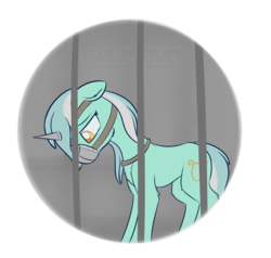 Size: 1585x1509 | Tagged: safe, artist:dusthiel, lyra heartstrings, pony, unicorn, g4, atg 2018, bars, captured, collar, female, floppy ears, glue factory, horn, horn cap, looking down, magic suppression, mare, muzzle, newbie artist training grounds, sad, simple background, solo, transparent background