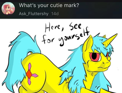 Size: 1242x944 | Tagged: safe, artist:chickengoddess, oc, oc only, oc:golden rule, pony, annoyed, ask, blue mane, cutie mark, face down ass up, ifunny, red eyes, solo, tumblr, yellow fur