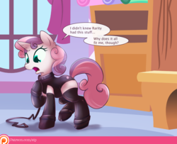 Size: 1661x1346 | Tagged: safe, artist:sip, sweetie belle, pony, unicorn, fanfic:breaking the belle, g4, blank flank, clothes, collar, cuffs, female, femsub, filly, implied foalcon, implied incest, implied lesbian, implied pet play, implied raribelle, implied rarity, latex, latex socks, latex suit, leash, leather boots, leotard, pet collar, socks, stockings, story included, submissive, sweetiesub, thigh highs, wrong eye color