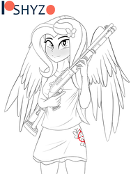 Size: 720x960 | Tagged: safe, artist:pshyzomancer, fluttershy, human, equestria girls, g4, benelli m4, benelli m4 super 90, black and white, blushing, clothes, female, grayscale, gun, heart eyes, humanized, lineart, monochrome, ponied up, shotgun, solo, trigger discipline, weapon, wingding eyes, winged humanization, wings, xm1014