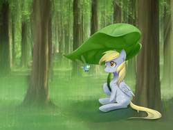 Size: 1199x898 | Tagged: safe, artist:t0zona, artist:teateajing, edit, derpy hooves, parasprite, pegasus, pony, g4, female, forest, leaf, leaf umbrella, looking at each other, mare, rain, sitting, smiling, tree