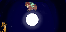 Size: 2508x1228 | Tagged: safe, artist:horsesplease, capper dapperpaws, yona, cat, yak, g4, my little pony: the movie, fiddle, hey diddle diddle, moon, musical instrument, night, paint tool sai, song reference, stars, violin