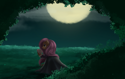 Size: 4592x2893 | Tagged: safe, artist:ailatf, fluttershy, pegasus, pony, g4, clothes, dress, female, full moon, mare, moon, night, robe, solo, white rose