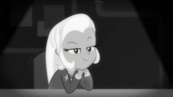Size: 1280x720 | Tagged: safe, screencap, trixie, equestria girls, g4, my little pony equestria girls: better together, rarity investigates: the case of the bedazzled boot, rarity investigates: the case of the bedazzled boot: trixie, female, monochrome, solo