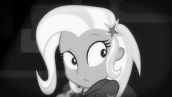 Size: 1280x720 | Tagged: safe, screencap, trixie, equestria girls, g4, my little pony equestria girls: better together, rarity investigates: the case of the bedazzled boot, rarity investigates: the case of the bedazzled boot: trixie, black and white, cute, diatrixes, female, grayscale, monochrome, solo, wide eyes