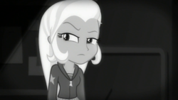 Size: 1280x720 | Tagged: safe, screencap, trixie, equestria girls, equestria girls series, g4, rarity investigates: the case of the bedazzled boot, black and white, clothes, cute, diatrixes, female, grayscale, hoodie, monochrome, noir, raised eyebrow, rarity investigates (eqg): trixie, solo