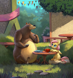 Size: 2834x3000 | Tagged: safe, artist:jotun22, fluttershy, harry, bear, fish, pegasus, pony, g4, cottagecore, cute, duo, female, food, grass, high res, mare, shyabetes, sitting, smiling, table, tea