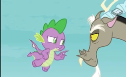 Size: 1173x720 | Tagged: safe, screencap, discord, spike, dragon, a matter of principals, g4, boomerang (tv channel), flying, male, winged spike, wings