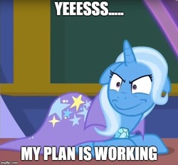 Size: 541x500 | Tagged: safe, edit, edited screencap, screencap, trixie, pony, a matter of principals, g4, amused, cape, clothes, cropped, faic, female, floppy ears, image macro, inverted mouth, meme, nightmare fuel, solo, trixie is amused, trixie's cape