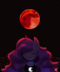 Size: 814x982 | Tagged: safe, artist:sanzols, princess luna, alicorn, pony, g4, black background, blood moon, eclipse, eyes closed, female, lunar eclipse, mare, moon, signature
