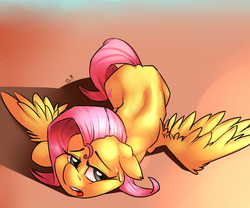 Size: 1200x1000 | Tagged: safe, artist:passigcamel, fluttershy, pegasus, pony, g4, dock, female, floppy ears, hot, mare, misleading thumbnail, solo, spread wings, sweat, tired, wings