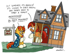 Size: 2388x1786 | Tagged: safe, artist:bobthedalek, stellar flare, sunburst, pony, unicorn, g4, a series of unfortunate events, angry, atg 2018, cliff, coat markings, female, house, implied shipping, implied starburst, implied starlight glimmer, male, mare, mother and son, mothers gonna mother, newbie artist training grounds, shipper flare, sign, simple background, socks (coat markings), stallion, sunburst is not amused, that pony sure does want grandfoals, this will end in death, this will end in tears and/or death, this will not end well, unamused, up, white background