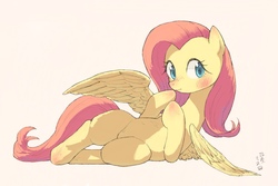 Size: 1800x1200 | Tagged: safe, artist:yanamosuda, fluttershy, pegasus, pony, g4, blushing, cute, female, mare, on side, shyabetes, simple background, solo