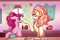Size: 3000x2000 | Tagged: dead source, safe, artist:marbola, pinkie pie, oc, oc:lollipop, earth pony, pony, g4, female, high res, kitchen, mare, mother and daughter, next generation, offspring, parent:cheese sandwich, parent:pinkie pie, parents:cheesepie