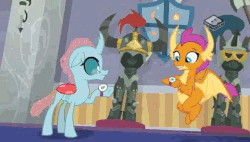 Size: 704x400 | Tagged: safe, screencap, ocellus, smolder, changedling, changeling, dragon, a matter of principals, g4, animated, armor, axe, bonding, boomerang (tv channel), claws, cute, dragon wings, dragoness, fangs, female, flying, gif, helm of yickslur, helmet, hoofbump, horns, shield, sword, teeth, weapon, wings