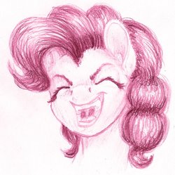 Size: 1024x1021 | Tagged: safe, artist:thatonegib, pinkie pie, earth pony, pony, g4, bust, eyelashes, eyes closed, female, mare, monochrome, open mouth, pencil drawing, portrait, simple background, smiling, solo, traditional art, white background