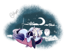 Size: 1024x809 | Tagged: safe, artist:ren6969, oc, oc only, pony, unicorn, clothes, female, insomnia, makeup, mare, moon, question mark, signature, socks, solo