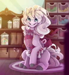 Size: 1000x1087 | Tagged: safe, artist:taiga-blackfield, oc, oc only, oc:marshmallow fluff, pony, unicorn, female, grin, hooves, horn, mare, shop, sitting, slasher smile, smiling, solo