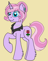 Size: 852x1064 | Tagged: safe, artist:rosefang16, oc, oc only, oc:crystal dancer, pony, unicorn, ear piercing, earring, female, jewelry, mare, mascara, necklace, pearl necklace, piercing, simple background, solo, tan background
