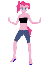 Size: 1280x1710 | Tagged: safe, artist:lexx disaster, pinkie pie, earth pony, anthro, g4, alternate hairstyle, bedroom eyes, belly button, clothes, female, jeans, looking at you, midriff, pants, ponytail, sandals, short jeans, simple background, solo, transparent background, tube top