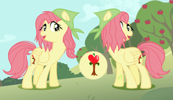 Size: 1546x896 | Tagged: safe, artist:puppy-shy, oc, oc only, oc:pink lady, pegasus, pony, apple tree, base used, female, handkerchief, mare, offspring, parent:big macintosh, parent:fluttershy, parents:fluttermac, solo, tree
