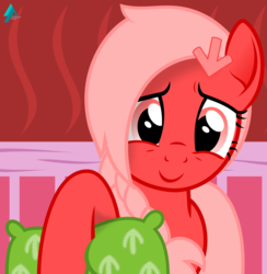 Size: 1800x1843 | Tagged: safe, artist:arifproject, oc, oc only, oc:downvote, pony, derpibooru, cute, derpibooru ponified, meta, pillow, ponified, simple background, smiling, solo