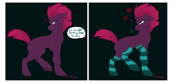 Size: 4116x1970 | Tagged: safe, artist:breezybunny, tempest shadow, pony, g4, black background, blushing, clothes, cross-popping veins, cute, female, high res, signature, simple background, snorting, socks, solo, speech bubble, striped socks, tempestbetes, thigh highs, tsundere, tsundere shadow