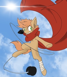 Size: 3024x3461 | Tagged: safe, artist:steelsoul, oc, oc only, oc:himmel, pony, bandage, clothes, cloud, colt, epic pose, gloves, high res, jumping, lens flare, male, scarf, sky, solo, tail band, yo-yo